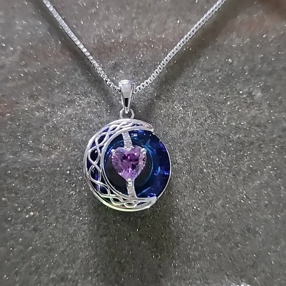 Sterling silver box chain necklace with amethyst heart and moon pendant jewelry - Picture 5 of 7